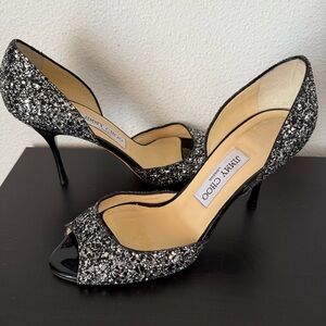 Jimmy Choo Black Silver Glitter Peep Toe D'Orsay Pumps Heels